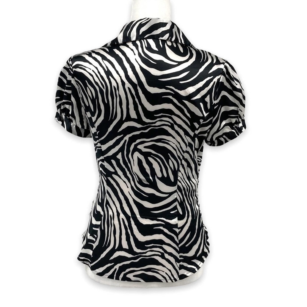 Guess Jeans Zebra Print Silky Short Sleeve Button Front Ruched Collared Blouse - Picture 5 of 14